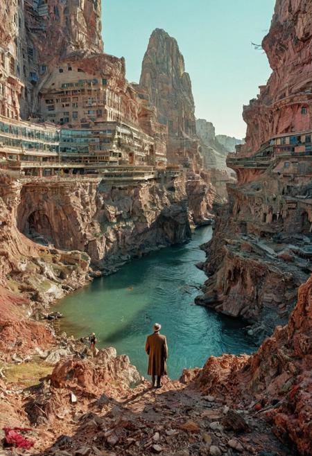 hyper realistic, day, 35mm film, editorial, high fashion, 2023, In this bizarre landscape, highly detailed . extremely high-resolution details, photographic,  complex, elegant, expansive, fantastical, film photography style,  medium grain, FRESHIDESH Moebius comic book