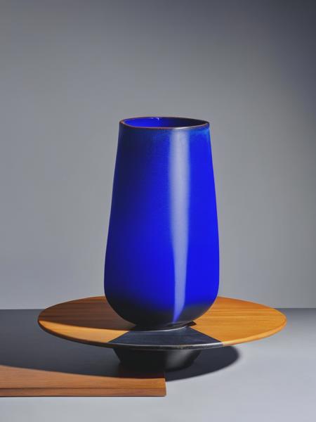 <lyco:YvesKlein:1.0> a beautiful yves Klein blue ceramic vessel inspired By organic shapes and sacred geometries filled with ultramarine pigment powder in a studio