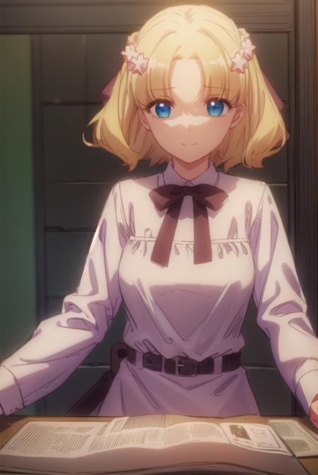 mariacampbell, <lora:maria campbell s2-lora-nochekaiser:1>,
maria campbell, short hair, blue eyes, blonde hair, hair ornament, flower, hair flower, (parted bangs:1.5), smile,
BREAK shirt, long sleeves, dress, bow, white shirt, belt, bowtie, pink dress,
BREAK indoors,
BREAK looking at viewer, (cowboy shot:1.5),
BREAK <lyco:GoodHands-beta2:1>, (masterpiece:1.2), best quality, high resolution, unity 8k wallpaper, (illustration:0.8), (beautiful detailed eyes:1.6), extremely detailed face, perfect lighting, extremely detailed CG, (perfect hands, perfect anatomy),