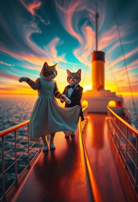 A highly detailed and humorous recreation of the iconic *Titanic* scene, but with two anthropomorphic cats on the bow of the ship. One cat, wearing a flowing dress, stands at the edge with its paws outstretched, embracing the wind and open sea. Behind it, another cat in a tuxedo gently holds its waist, gazing at it with admiration. The vast ocean stretches endlessly in the background, reflecting a breathtaking neon sunset. The ship’s deck glows with warm, cinematic lighting, showcasing intricate vintage nautical details. The perspective is exaggerated, enhancing the whimsical, surreal effect. The sky swirls with psychedelic colors, and the ocean waves shimmer with vibrant, dreamlike hues. Created using: cinematic lighting, hyper-realistic textures, vibrant neon highlights, artistic composition, atmospheric depth, detailed feline expressions, oceanic reflections, vintage ship aesthetics, Highly reminiscent of the iconic titanic bow scene with the ship body in the background and the bow in the foreground,