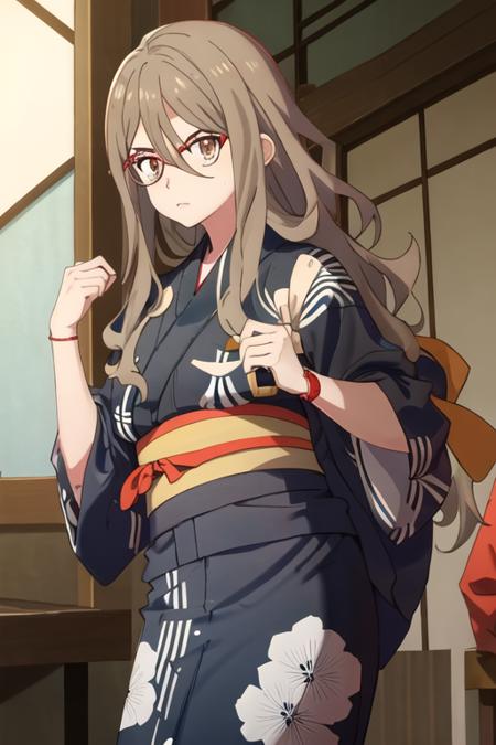 best quality, masterpiece, highres, solo, {yukata:1.40}, {kimono:1.20}, {nakahara_mizuki_lycorisrecoil:1.15}, brown_hair, long_hair, glasses, red-framed_eyewear, hair_between_eyes, brown_eyes, semi-rimless_eyewear