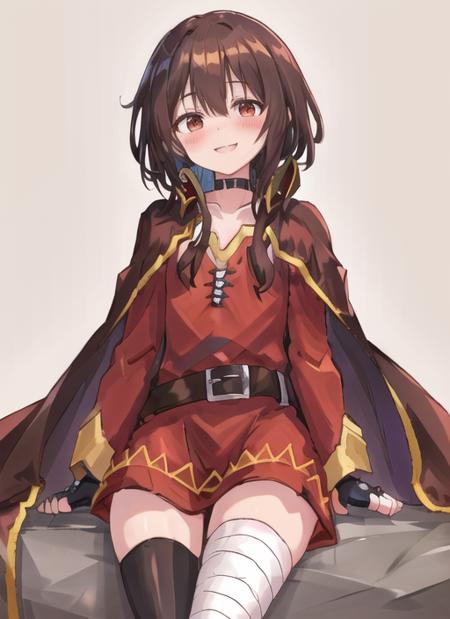 <lora:Megumin-000010:0.6>
megumin, standing, looking at viewer, (no headwear), brown hair, short hair, red eyes, blush, black choker, red dress, (brown cape:1.5), long sleeves, black gloves, fingerless gloves, belt, brown belt, gold trim, zettai ryouiki, skindentation, (asymmetrical legwear:1.4), mismatched legwear, (bandaged leg:1.3), black thighhighs,
Smile, sitting, cowboy shot,