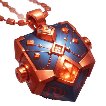 MagicItem_v1 <lora:MagicItem_v1-000002:1> (white background), amulet, (copper) chain necklace, detailed pendant with orange gems and (blue runes), mysterious, (dwarven design), simple pendant, masterpiece, professional quality