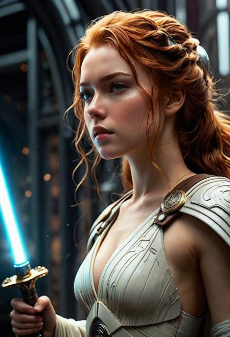 High resolution ultra-realistic of Beautiful Jedi Knightess, 8k, capturing the intensity of the moment, cinematic lighting, standing on a bloody and stormy battlefield in bloody battle, wavy red hair, realistic dirty pale face, realistic brown eyes, beautiful hourglass figure, burning in a Star Wars Town, intricately designed dirty white Jedi robes, Star Wars Aesthetic, perfect athletic figure, beautiful Sadie Sink as Jedi Knightess, ultra realistic, cinematic style, vigorous and seductive, athletic figure, Star Wars style, dramatic lighting, wet and sweaty skin, dirty skin, athletic figure, dark fantasy, dramatic lighting, Greg Rutkowski style, Jedi Knightess on in Jedi dress, hyper-detailed, hyper-realistic,  natural light, extremely intricate details, masterpiece, epic, bright colours, Attractive 21 old years girl, Attractive, beautiful firm Breasts, sharp focus, digital painting, Photograph Taken on Nikon D750, Alphonse Mucha, 8K, athletic figure, Hyperdetailed, hyperrealism, Attractive, Attractive bust girl, asymmetric balance