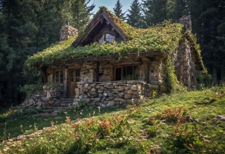 a beautiful picture of a cottage in the forest at the bottom of a hill, trees are made of stone and leaves are sharp crystals glinting in sunlight, eyeball flowers bloom on the lawn, thorns, fear, horror, beauty, sharp, pointy, stabby, warm,