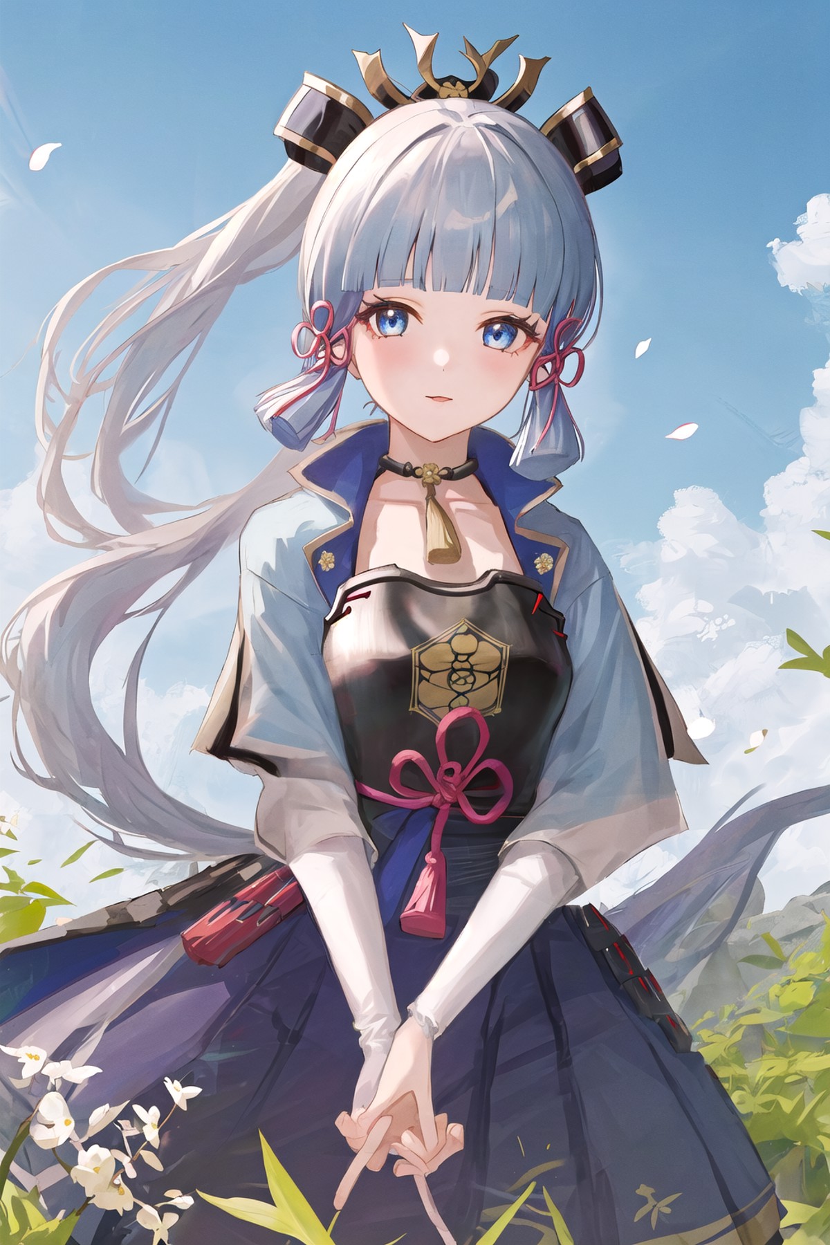 <lora:ayaka_v4:1>1girl, kamisato ayaka, armored dress, cherry blossoms, looking at viewer, blue sky