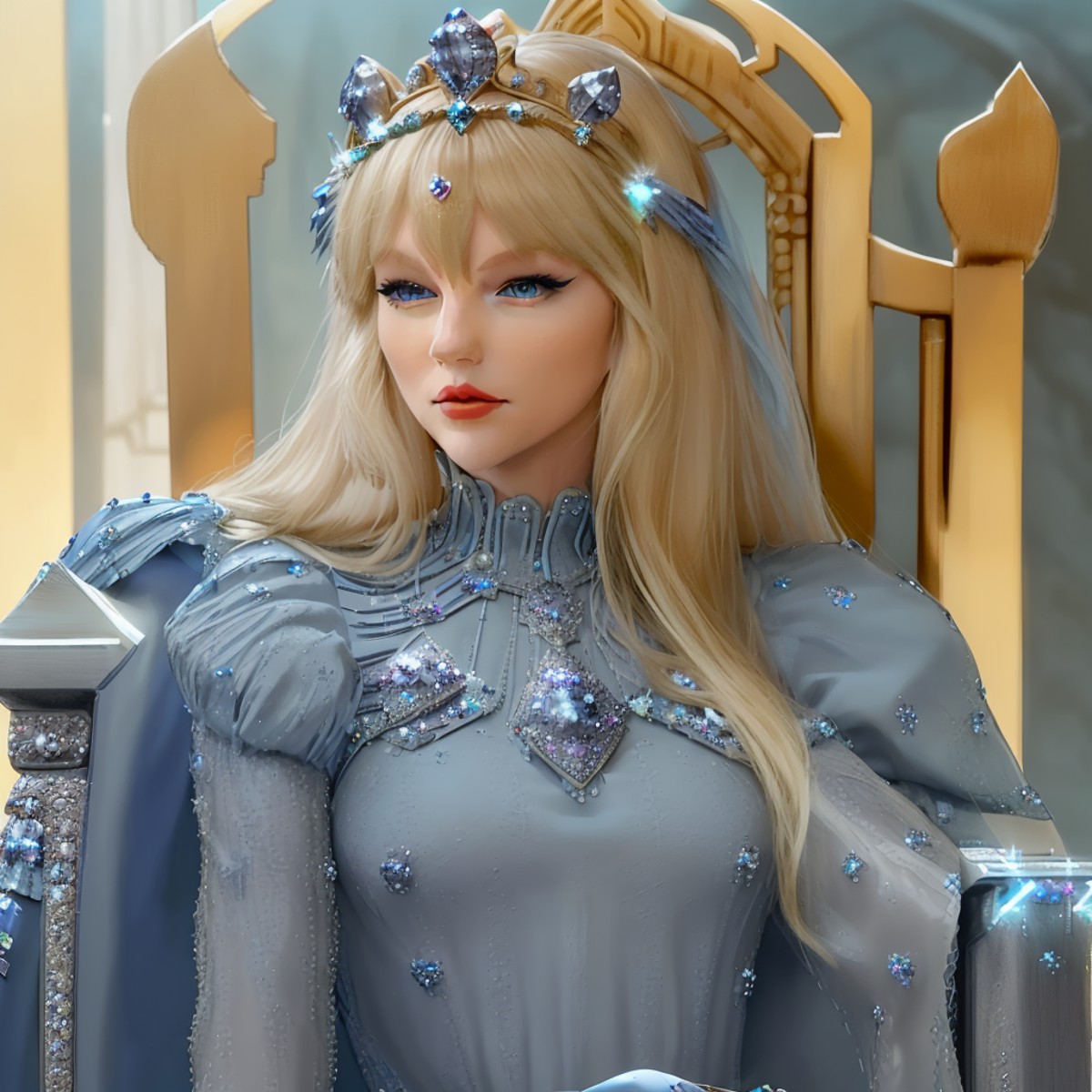 <lora:Taysway_V5-10:1> Taysway, woman, long blonde hair, dressed like a queen, wearing a crown, regal expression, castle t...