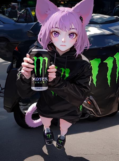 realistic full body photo of a masunya, (purple skin color:1.1),  cat ears, (holding monster energy:1.2),  monster energy, focus monster energy,   <lora:my_LoRA_masunya_v3:0.7>   <lora:my_LoRA_monsterEenergy_v2:0.5>