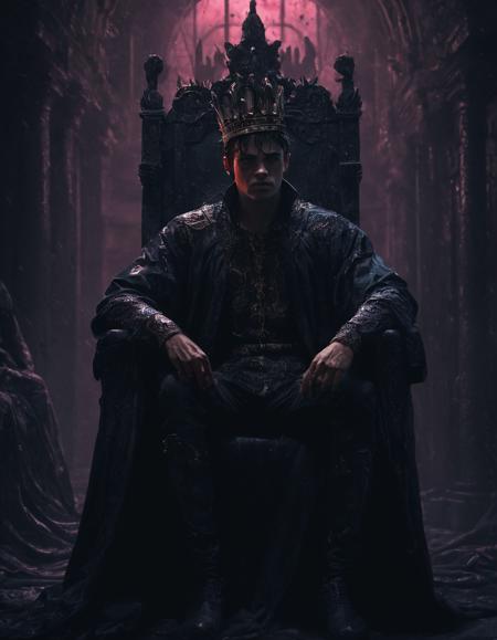 A young king, sitting on the throne, the atmosphere is filled with melancholy and vengeance and chaos, the king is sad, depicted in a neo-noir style with deep shadows and moody hues. digital Illustration, high detail