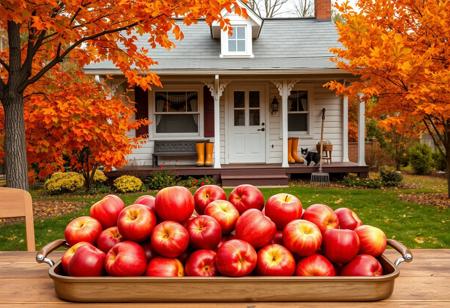 A large tray overflowing with big red apples is placed on a table in the foreground. In the background, a quaint little house features windows dressed with curtains and a generous porch. On the porch, a pair of rubber boots and a rake are casually positioned. The scene is framed by vibrant autumn trees, and a small cat can be seen playfully exploring the area. The overall vibe is cozy and inviting, perfect for a sweet and realistic photograph