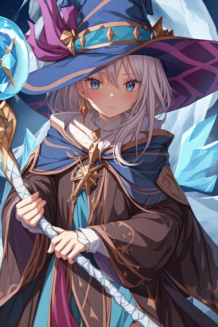 (Wizard), [hat], ice orb:1.0, best quality, masterpiece, beauty face, holding a staff, high resolution, high detailed, high definition, UHD, cowboy shot, <lora:Koku_V1.0a:0.8>