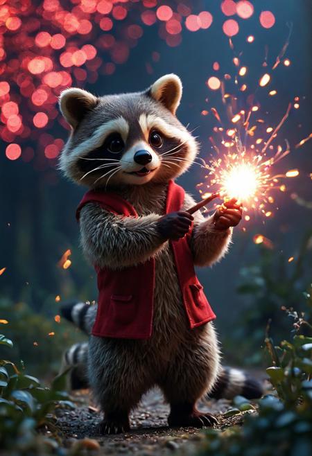 masterpiece, very aesthetic, absurdres, newest, novuschroma53 style, flux-style, close up, a raccoon in a red half jacket playing with sparkler, fireworks in the sky, mysterious dark background, backlight, translucent, intricate details, bokeh, depth of field, dynamic angle, dynamic pose, dramatic light, sharp, epic, artistic, gorgeous, dramatic, sharp outlines, high contrast, ultra detailed, film grain, grainy