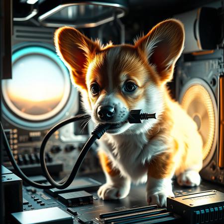 semirealistic, a cute corgi puppy with an unplugged computer cord in its mouth, inside a computer motherboard. THE message "be back soon" written in computer chips, detailed mirroring horizon, wining award digital art, hight detailed,Insane resolution. Insane details. Masterpiece. 32k resolution. casting shadow style, cucoloris patterned illumination, cinematic composition and lighting. Masterpiece. Very detailed.