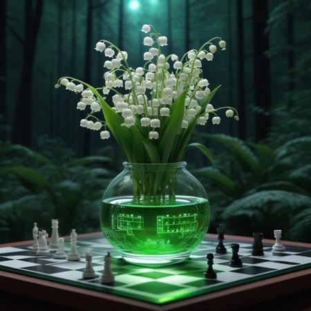 Lily of the valley flowers in a beautiful glass vase in a beautiful forest at night including digital circuit elements, 
aims to appeal to a younger audience, 
Chessboard subtly transforms into a city landscape, 
dynamic, 
youth-oriented, 
hip hop aesthetic, 
futuristic fonts, 
Ultra clear.