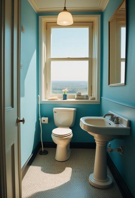 masterpiece, absurdres, best quality, Versabg, no humans, indoors, window, scenery, toilet, lamp, sky, cabinet, sink, door, table, realistic, ultra HD photography, kodak ektar