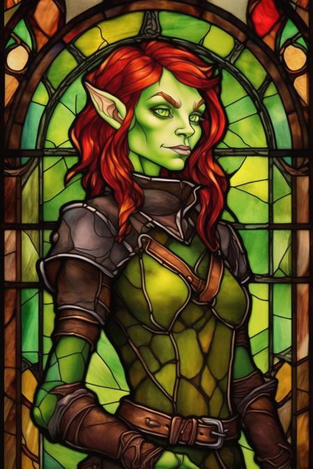 <lora:Stained Glass Portrait:1>Stained Glass Portrait - portrait of a 25-year-old female goblin green-skinned, wearing leather clothes, red hair, magical, fantasy, done in the style of a stained glass window