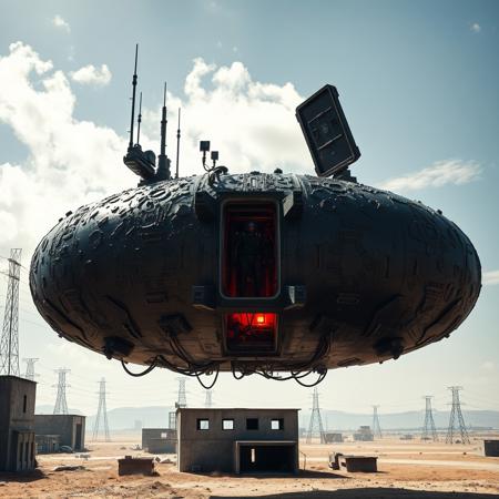 ultra high resolution, masterpiece, best quality, large rectangular glossy black spacecraft with an extremely rough textured surface hovering low to the ground, underneath the spacecraft are cables hoses and wires, antennas on top, cables hanging from below, rectangular in shape, futuristic world, post apocalyptic landscape, ((low concrete buildings:1.3)) anti gravity, in the atmosphere, sky, clouds, ground visible, hovering, dry, ((dusty)), bleak landscape, parched, bright noon sunlight, square shapes, bleached colors, destroyed industrial buildings, powerlines and towers, concrete foundations, open entrance hatch on spaceship, soldier in dark armored spacesuit, helmet, standing in the well lit entrance, red light inside ship