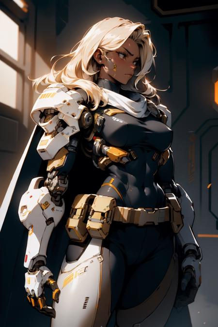 absurdres, 1girl, android, exosuit, military, bulky, shoulder armor, mechanical arms, mechanical parts, cape, long hair, dark skin, blonde hair, standing, cowboy shot, belt, hand on hip, <lora:nijiarmor:1>