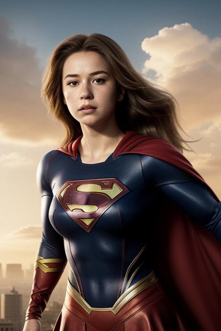 real, atmospheric scene, masterpiece, best quality, (detailed face, detail skin texture, ultra-detailed body),(cinematic light),
<lora:Supergirl_MelissaBenoist_smf_lora_v04-000005:1>, 1girl, s0p3r6m3l1s4-smf, superhero, solo, cape, brown hair, realistic,bodysuit, animification, skirt, flying, blonde hair, arm up, buildings, sky, clouds, sun light
