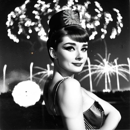 a (dark)+, old photo+++, Audrey Hepburn kodak Tri-x 400 polaroid style photograph of Audrey Hepburn posing on the fourth of july at night, fireworks in the background