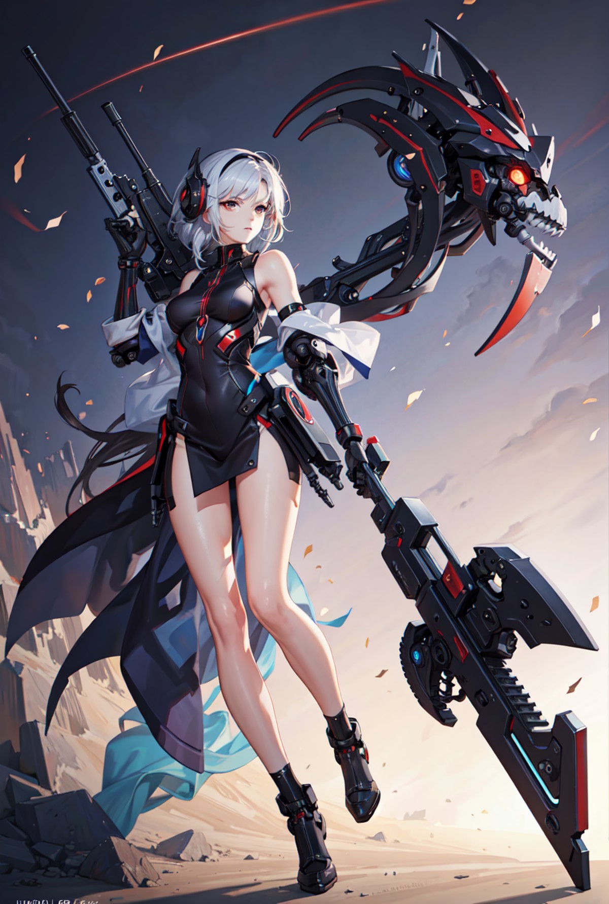 best quality, high_resolution, distinct_image, detailed background ,mechanical arms,  habok,girl,holding weapon,