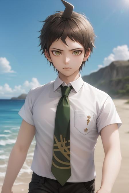 (masterpiece, best quality:1.2), <lyco:danganronpa2_hinata-11:1.0>, cowboy shot, solo, male focus, 1boy, hinata hajime, expressionless, closed mouth, looking at viewer, hand in pocket, ahoge, collared shirt, breast pocket, green necktie, short sleeves, black pants