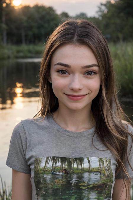 portrait of S730_JessicaMarie,an attractive woman,in a (swamp),wearing a (gray t-shirt),(wet hair),(smiling),(sunset),(RAW photo, best quality, 50mm, depth of field, ultra high res, intricate, photorealistic, cinematic-shot, masterpiece, ultra-detailed),