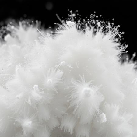 Hyper Detailed, Soft Textured Fur, Zoomed <zoom>, Micro Fibers, Cotton Picture, Molecule of White Powder Fuzz, Black Background, Speckles Flurry, Professional Shot, 2;3 Dynamic Shot, Relaxing, Close Up Shot