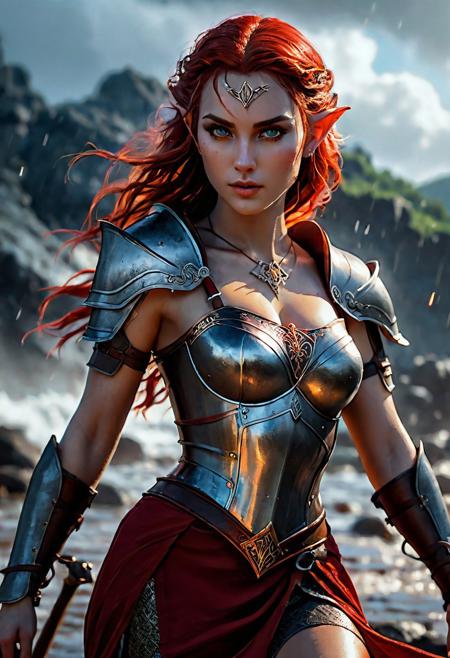 High resolution ultra-realistic of Beautiful Warrior Elf girl, 8k, capturing the intensity of the moment, cinematic lighting, standing on a bloody and stormy battlefield in bloody battle, wavy red hair, realistic dirty pale face, realistic dark brown eyes,  beautiful hourglass figure, burning in a medieval Town, intricately designed iron and silver armor, red mini skirt, LOTR Aesthetic, perfect athletic figure, beautiful Warrior elf girl, fire, ultra realistic, cinematic style, athletic figure, dark fantasy, dramatic lighting, wet and sweaty skin, dirty skin, athletic figure, dark fantasy, dramatic lighting, Greg Rutkowski style,, Warrior Elf girl on in iron armor, hyper-detailed, hyper-realistic, bright colours, Attractive 21 old years girl, Attractive, beautiful firm Breasts, sharp focus, digital painting, Photograph Taken on Nikon D750, Alphonse Mucha, 8K, athletic figure, Hyperdetailed, hyperrealism, Attractive, Attractive bust girl, asymmetric balance