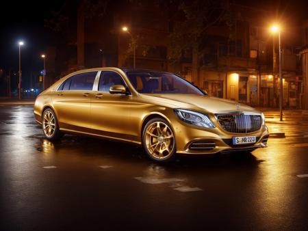 mastrepice, best quality, mercedes s-class, x222, 1car, (gold car:1.2), night, road background, rainy,  official art,extremely detailed CG unity 8k wallpaper, high detail, Sharp focus, (photorealism), realistic, best quality, 8k, award winning, dramatic lighting, epic, cinematic, masterpiece   <lora:MERCEDESMAYBACHSClassX222:0.7>