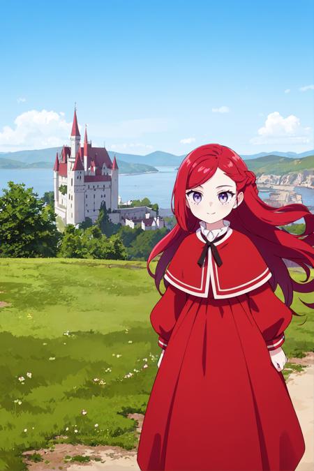 masterpiece, best quality, pryde, 1girl, solo, purple eyes, red hair, long hair, braid, dress, red dress, ribbon, outdoors, castle, scenic,