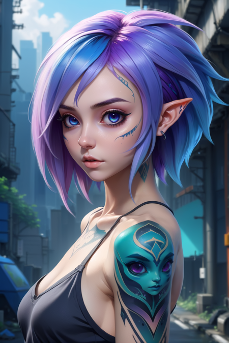 anime style digital painting, <lora:EnvySendNoodzXL01:0.5>1girl, woman, stealthy elf post apocalyptic amazon ranger, (muscular:1.3), (tribal tattoos, face tattoos:1.4), violet hair, short hair, head down, bombshell hair, vivid blue hair, Retro Waves, hourglass figure, caucasian<lora:EnvyBetterHiresFixXL01:0:hr=1>