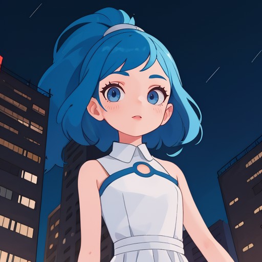 1girl,white dress,deep blue hair,from below,(form left:0.9),stand on the top of building,city background,hole body,side fa...