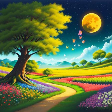 peaceful landscape, open range filled with colorful flowers, butterflies, birds, trees at the edge, sun, two moons