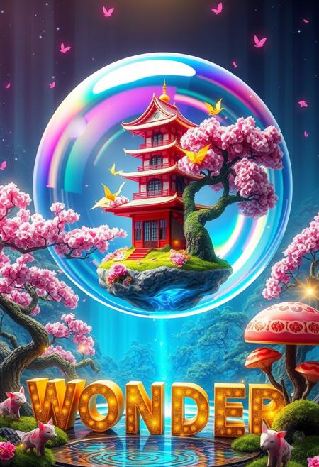 Behold a dazzling digital dreamscape where reality bends and imagination soars! At its heart, a colossal soap bubble gleams with iridescent rainbows. Inside, a topsy-turvy Japanese pagoda floats, its candy-striped silk walls and golden origami cranes cascading from the roof.
Perched atop a floating island of neon-green grass, surrounded by cherry blossom trees with cotton candy blooms, the scene is alive with swirling pink petals. A cheeky bonsai tree with a kaleidoscope of leaves grins widely, while firefly fairies flit about.
The bubble rests on a contraption of polished copper and glowing gemstones, teetering on oversized moss-covered blocks spelling "WONDER." A moat of liquid starlight encircles the scene with leaping origami koi fish, set against a backdrop of an enchanted forest with ice cream tree trunks and giant mushrooms. Prismatic light shafts reveal mischievous cloud sheep in a sky shifting from bubblegum pink to electric blue. The entire composition pops with a riot of electric purples, lime greens, sunset oranges, and cerulean blues.