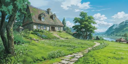 (((best quality))),single build,architecture, blue_sky, building,cloudy_sky, day, fantasy, fence, field,  house, build,architecture,landscape, moss, outdoors, overgrown, path, river, road, rock, scenery, sky, sword, tower, tree, waterfall ,  <lora:Pyramid lora_Ghibli_v2:1>