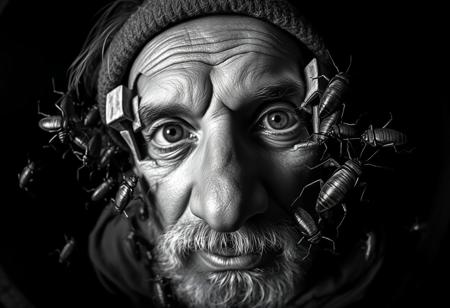 “A black-and-white abstract dystopian photograph captured with a cinema-grade 12mm fisheye lens, delivering a warped, immersive perspective that distorts reality. The close-up portrait of a rugged 50-year-old rural man reveals his face fragmented into disjointed rectangular sections, with pieces of his eyes, nose, mouth, and skin displaced randomly. Within the chaotic gaps, swarms of vividly detailed, oversized cockroaches emerge, their shiny, textured bodies and twitching legs creating an unsettling contrast against the monochrome tones. The intense chiaroscuro lighting deepens the shadows, accentuating the grotesque invasion of the cockroaches and amplifying the nightmarish, surreal atmosphere of the composition.”