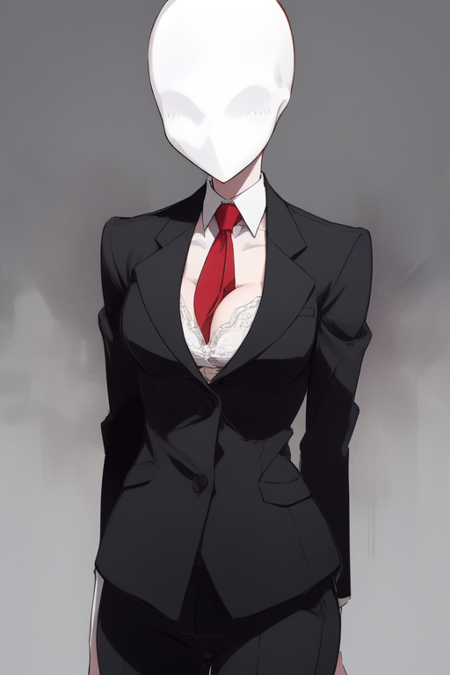 SlenderGirl, 1girl, black suit, red tie, no face, bald, cleavage