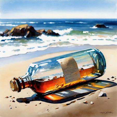 A (letter inside a bottle:1.3) washed ashore on a beach, masterpiece, best quality, beautiful composition by Thomas Wells Schaller :: Leonid Afremov :: Carne Griffiths :: Russ Mills