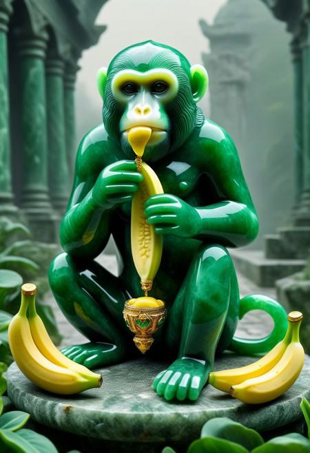 a Jade monkey eat golden banane, ultra detailed sculpture Faberge style, facing the viewer, deep green jade tones, spectacular lighting, mysterious atmosphere, (detailed textures: 1.2), fantasy style, oil painting, stone path, foggy background, vertical composition, digital painting with high detail, medieval fantasy,  ancient ruins in the background.