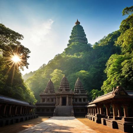 Very beautiful a imaginary temple site, sunny blue sky background and large dense forest. Very realistic photography.