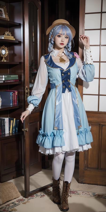 <lora:ayaka:0.6>,kamisato_ayaka,1girl,hat,blue hair, braid, blue eyes, white pantyhose, brown boots,(beautiful face:1.5), (standing naturally with no pose:1.5), full body, blue dress, indoors, decorations, doors, chandelier, book shelf, window