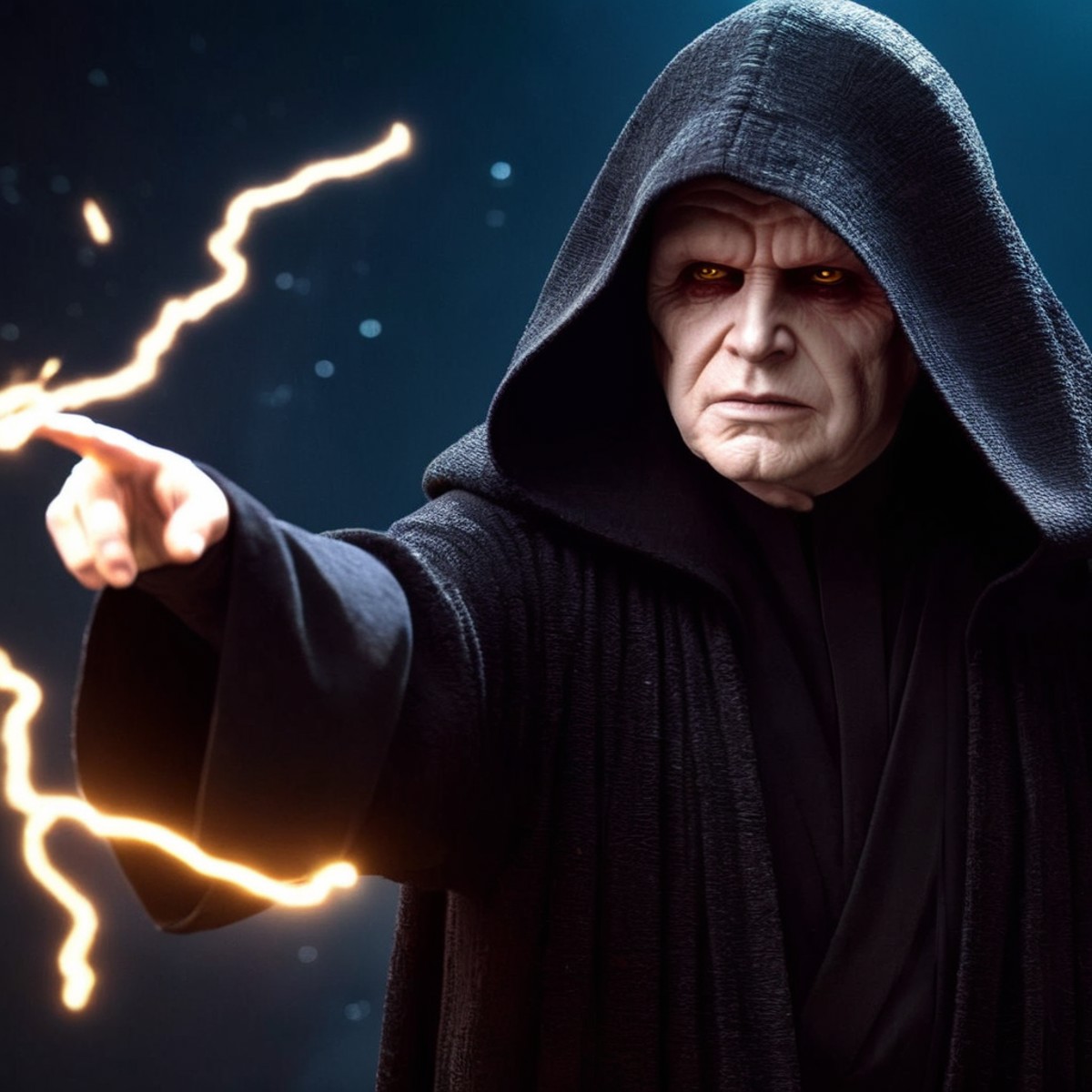 cinematic film still of  <lora:Darth Sidious:1>
Darth Sidious a man in a hooded jacket shooting a lightning bolt with his ...