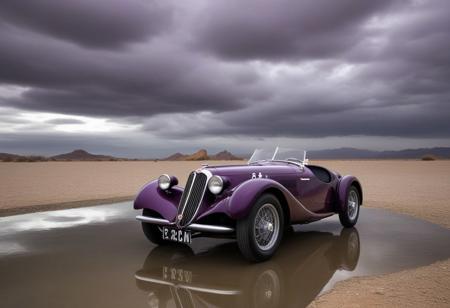 vehicle focus, motor vehicle, classic car, solo, sports car, from behind, race vehicle, headlight, dark, wide shot, racecar, steering wheel, reflection, no humans, license plate, from side, (1934 alfa romeo 8cmm), outdoors, sky, scenery, grey purple clouds, day, water, stones, cloudy sky, desert,