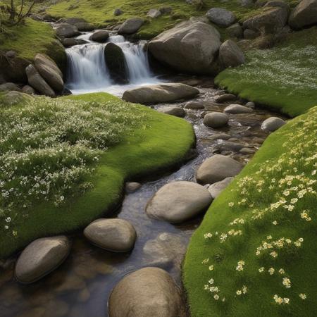 Winding stream, rocky mountainside, large boulders, green meadows, vibrant patches of spring flowers and grasses, close-up of wildflowers, delicate petals, creeping moss on rocks, dappled sun, serene atmosphere, waterfall,  
Intense lighting, bright and evenly lit scene, soft and diffused light, soft and airy tones, joyful and uplifting ambiance, very realistic high-resolution photography