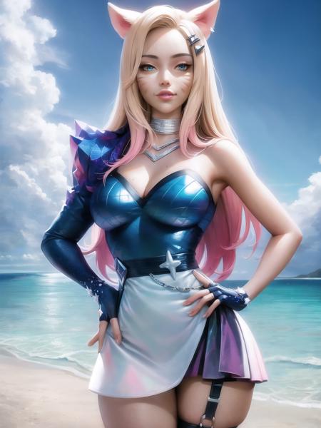 (beach:1.5), high detailed, 8k, highres, (k/da all out ahri), ahri \(league of legends\), league of legends, 1girl, k/da (league of legends), animal ears, solo, fox ears, long hair, blonde hair, hand on hip, blue eyes, idol, facial mark, looking at viewer, gloves, pink hair, fingerless gloves, whisker markings, breasts, makeup, lips, skirt, hair ornament