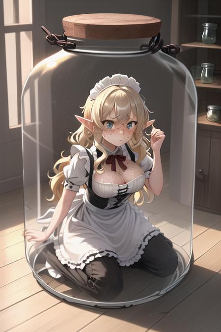 (glass jar:1.45), masterpiece, best quality, 1girl, elf, pointy ears, sitting, (behind glass), shocked, (large breasts::0.8), maid outfit, freckles, (blonde hair:1), wavy hair, short hair, shrunken <lora:Girls in Glass Jars v2 AV3:0.5>, dark wooden floor, dimly lit,  looking at viewer, (kneeling:0.8), adult