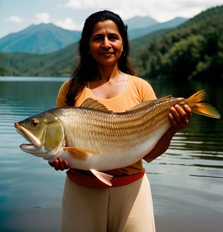 hyper realistic photograph, film grain, Kodak portra 800, f1.8, portrait photo, happy 45yo Columbian woman holding a big fish she just caught, soft sunlight