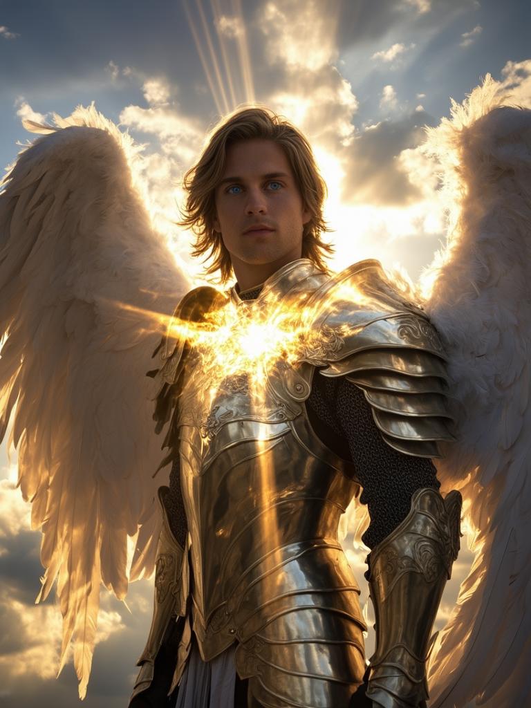 iph0ne an angelic warrior, standing at the forefront of a divine battle. His face, framed by a radiant golden light, glows with celestial power. His piercing blue eyes reflect the light of the heavens, while his skin shimmers with a soft, ethereal glow. Feathered, golden wings can be seen behind him, their tips glowing in the sunlight. His hair flows in the heavenly breeze, and his armor, engraved with celestial symbols, shines brilliantly in the light. The background is a cloud-filled sky, illuminated by beams of divine light, creating an awe-inspiring, epic scene of divine power and grace.















