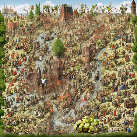 WimmelbildLoraXL hidden object picture isometric arial view lots of busy people in a city